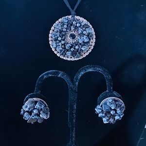Pendant Necklace & Matching Earrings‎ Set Boho Black Silver Statement Jewelry